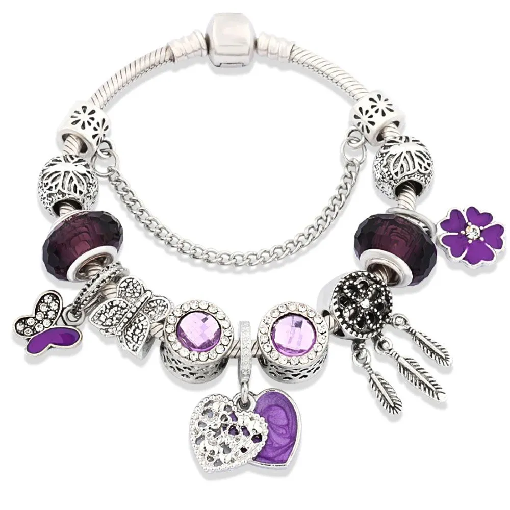 Charm Bracelet Silver Dream Catcher Bead Bracelets Purple Crystal