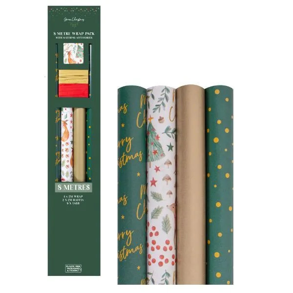 Christmas Gift Wrap Bulk Pack Bold Green - 4 x 2m Roll Wrap, Raffia & Tags
