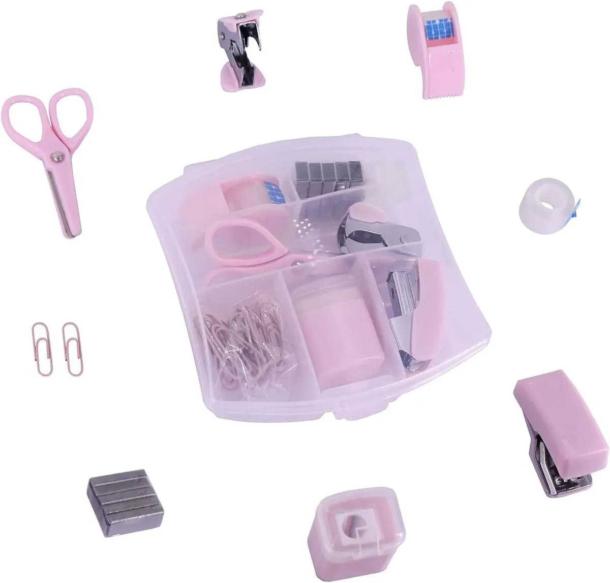 Mini Office Supply Kit Stapler Scissors Tape Dispenser Stationery Set - Pink