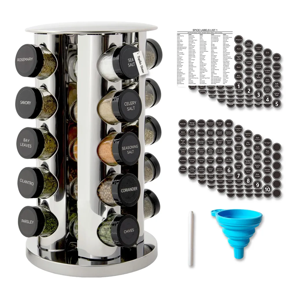 Topika - Stainless Steel Rotating Spice Rack with 20 Glass Jars & Label Set - Silver