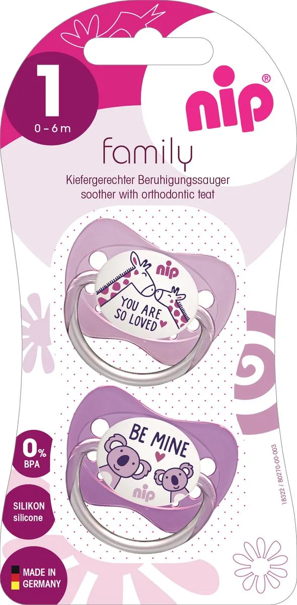 NIP Germany Family Soother 2 Pack 0-6m - Pink, Purple