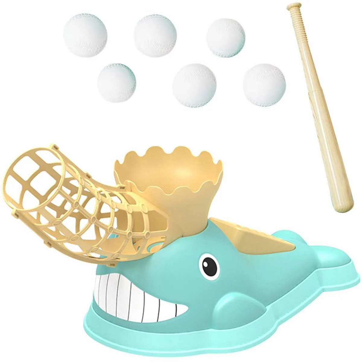 Kids Baseball Pitching Machine Play Set- Baseball Bat, 6 Plastic Baseballs - Whale