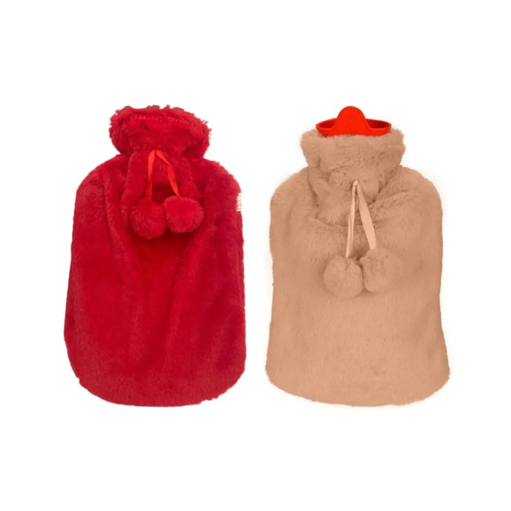 2L Hot Water Bottle with Plush Fleece Cover 2 Pack - Brown, Red