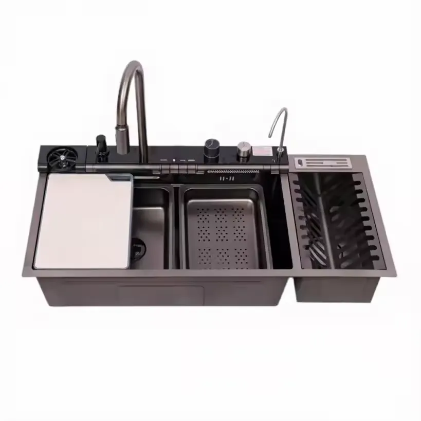 Smart Honeycomb Double Kitchen Sink Digital Display Waterfal with Dish Rack