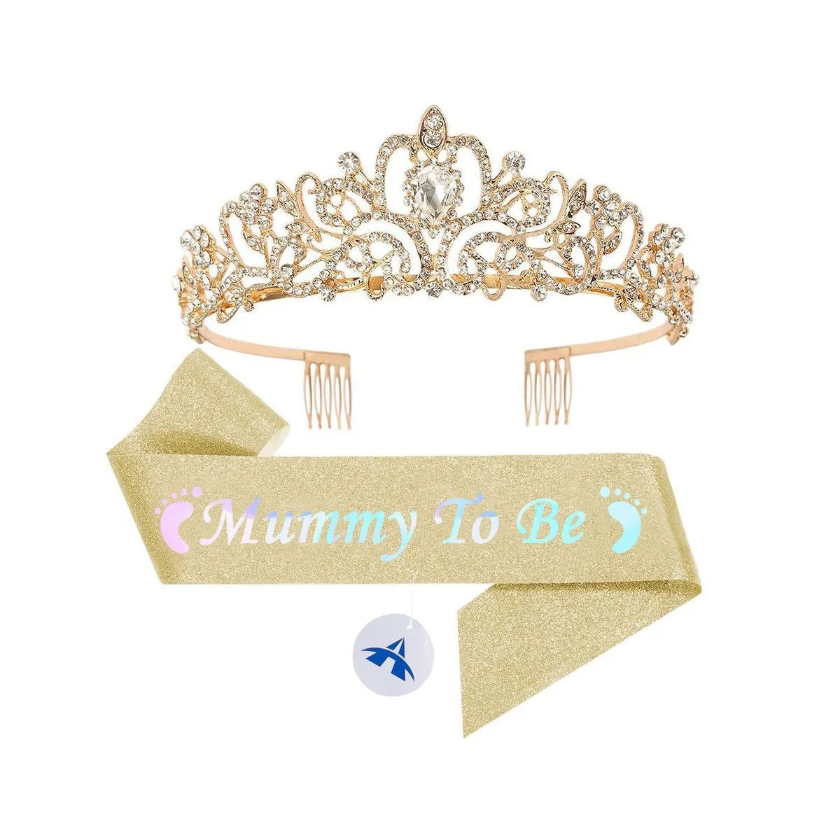 Mommy To Be Sash and Tiara Set Baby Shower Crown and Sash - Gold