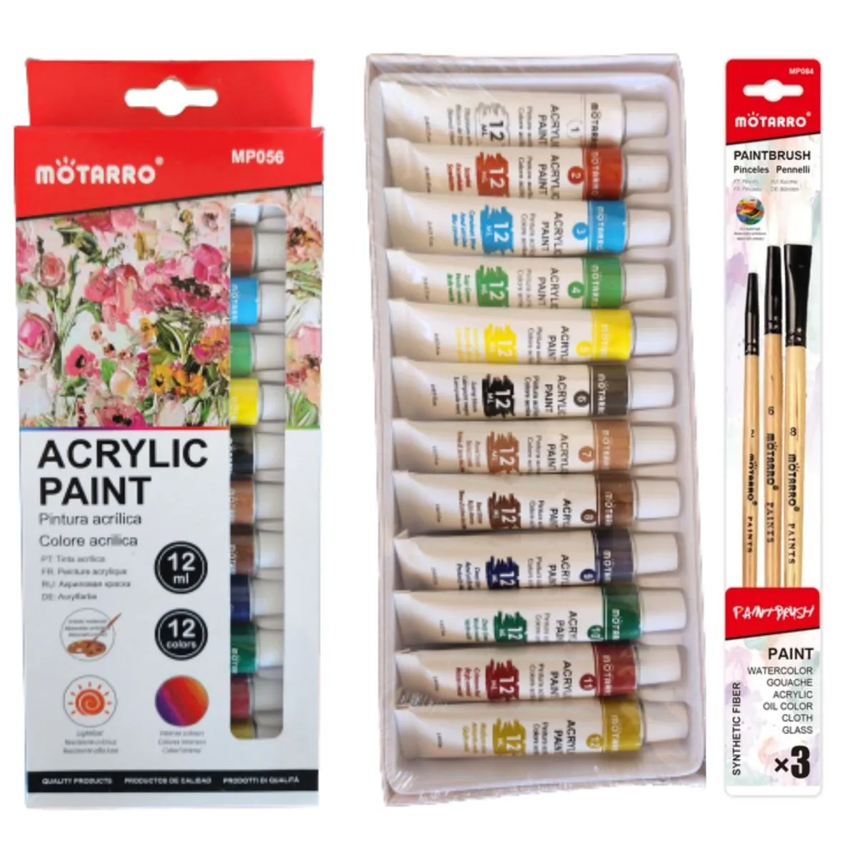 Acrylic Paint 12 Colour 12ml Tubes Art And Crafts Set with 3 Added Brushes