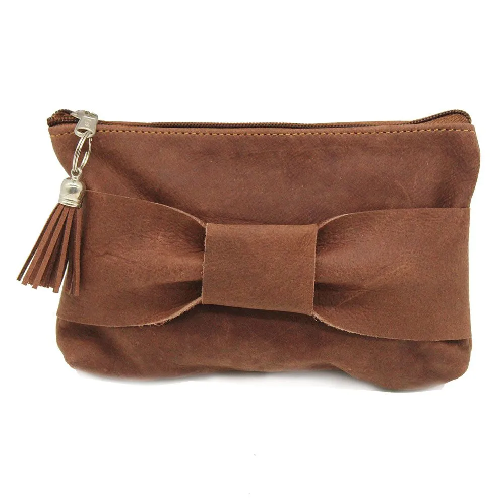 Minx Genuine Leather Bow Makeup Bags - Brown