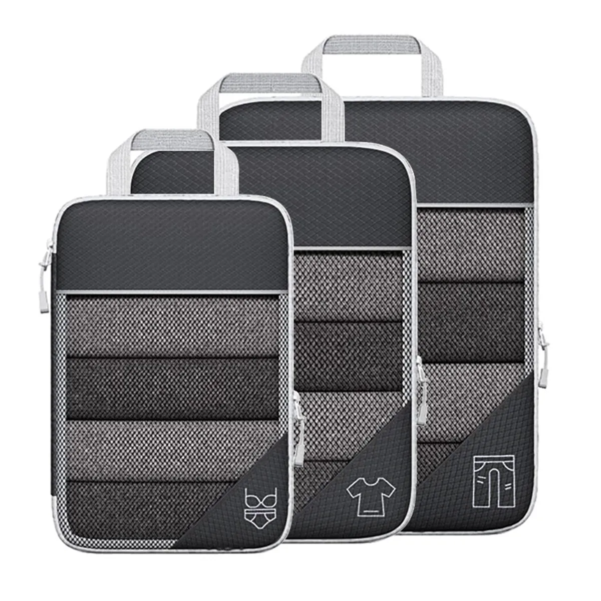 3 Pcs Portable Bags Travel Compressible Storage Pouch Set Black