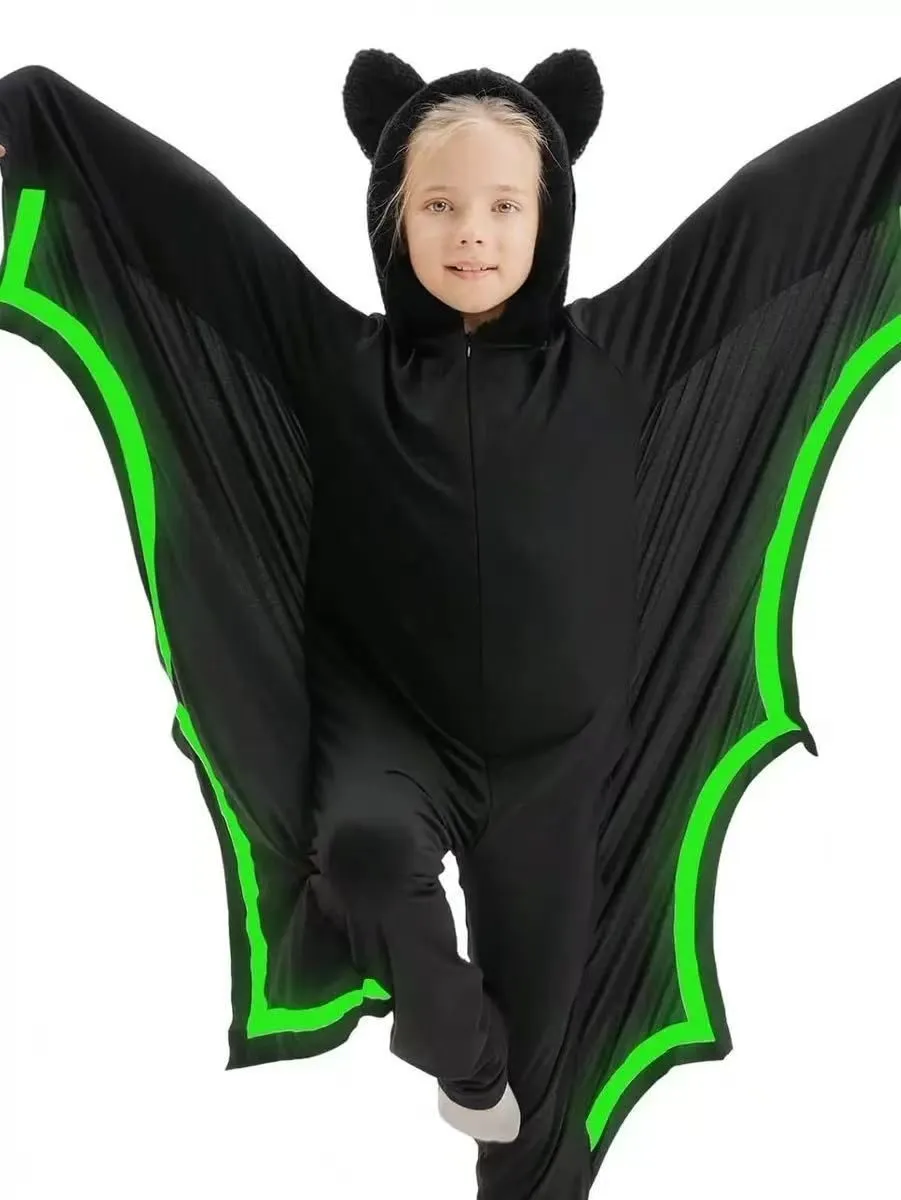 Glow In Dark Bat Jumpsuit Costume For Kids Height 150cm, Hooded Bat Wing Ou