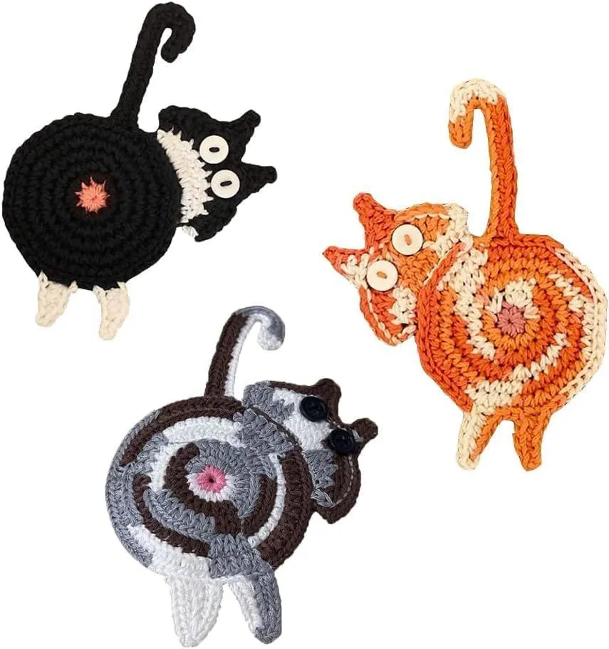 OQIMAX 3-Piece Cat Coaster Set Woven Creative Cat Gift for Cat Lovers