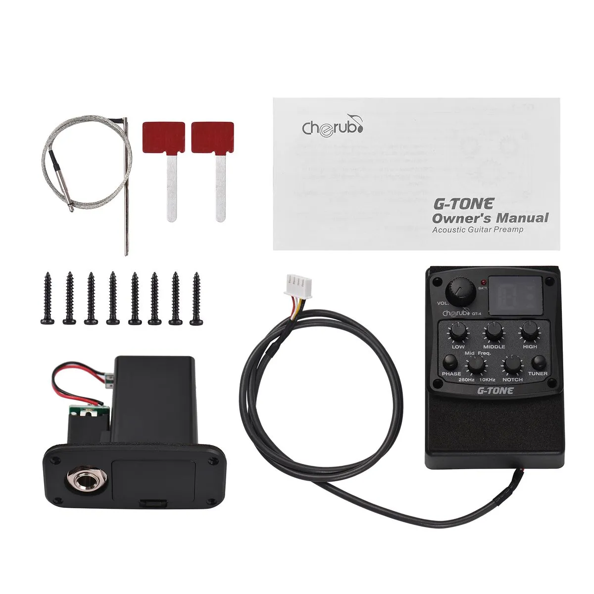 Cherub GT-4 Guitar Preamp, 3-Band EQ, Piezo Pickup, LED Tuner