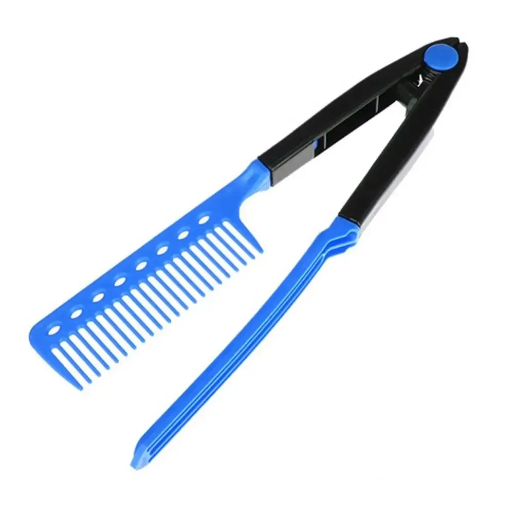 Folding V Type Hair Straightener Brush DIY Hairdress Tool Hairdressing Comb - Blue