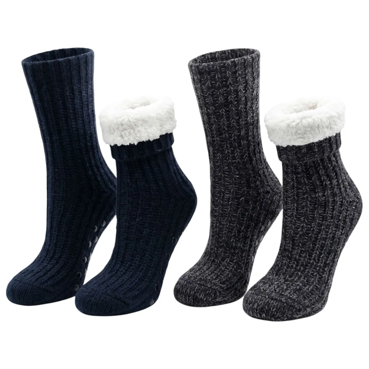 2 Pairs Men Knitted Thermal Fuzzy Fleece Slipper Winter Socks Warmer &Thick - Black, Blue