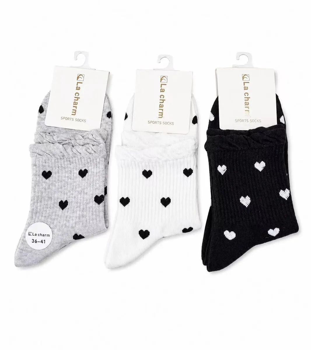 3 Pairs of Women's Heart Pattern Ruffle Crew Socks - Soft Breathable Cotton
