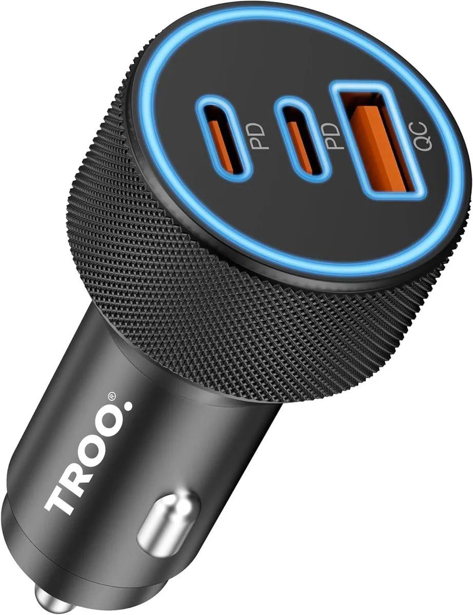 TROO Certified PD65W Ultra Fast LED Car Charger (USB A + 2 X Type-C)