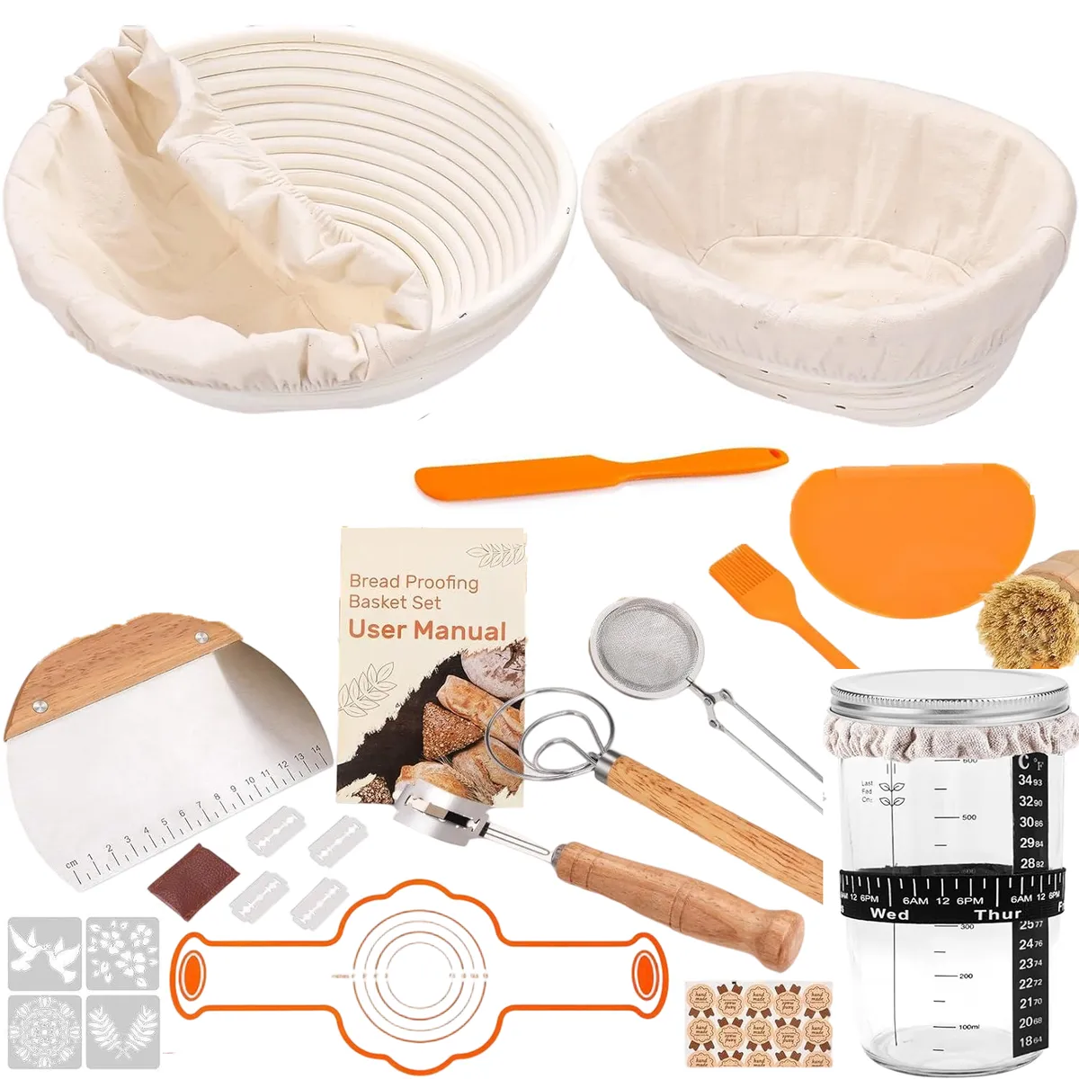 Sourdough Bread Baking Supplies-Starter Jar Proofing Basket Dough Whisk