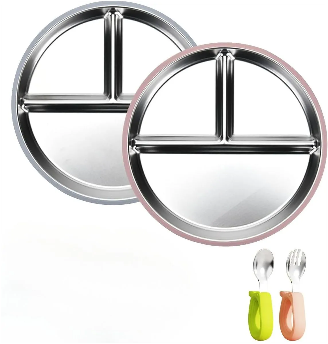 2Pack Stainless Steel Separated Baby Dinner Plates with Suction Cup Bases