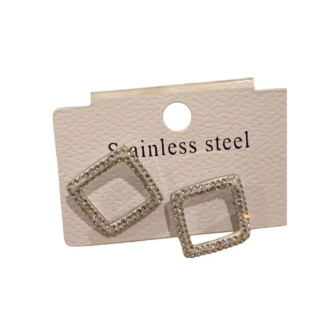 Geometric Square Diamond Inlaid Stainless Steel Earrings.