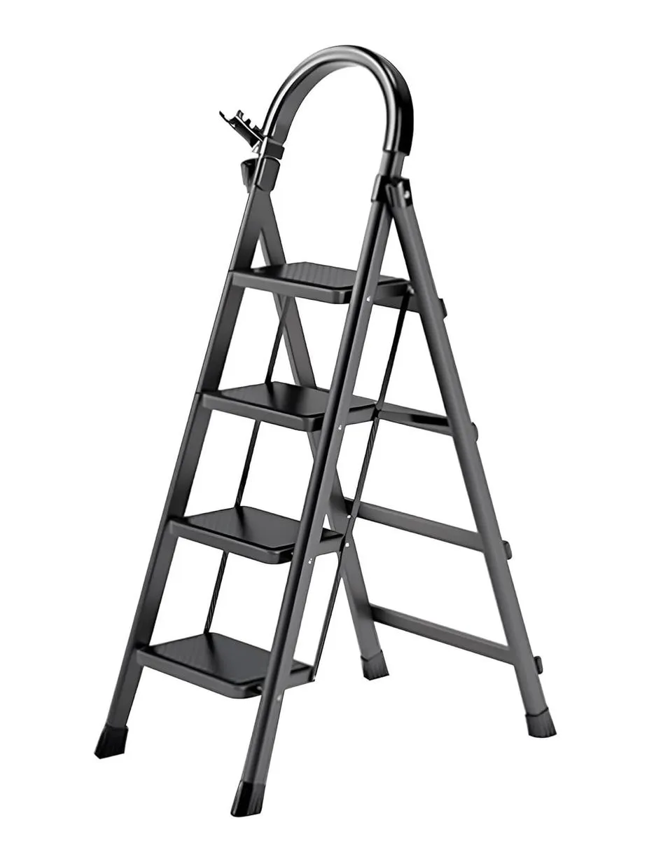 4-Step Foldable Steel Ladder - Durable - Black