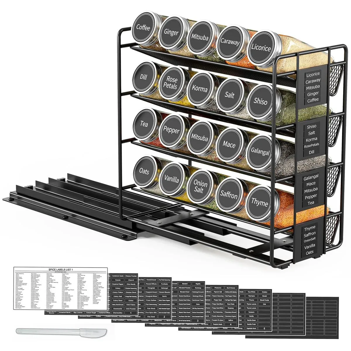 Pull Out Spice Rack Organizer With 20 Glass Jars and Stickers Left Facing