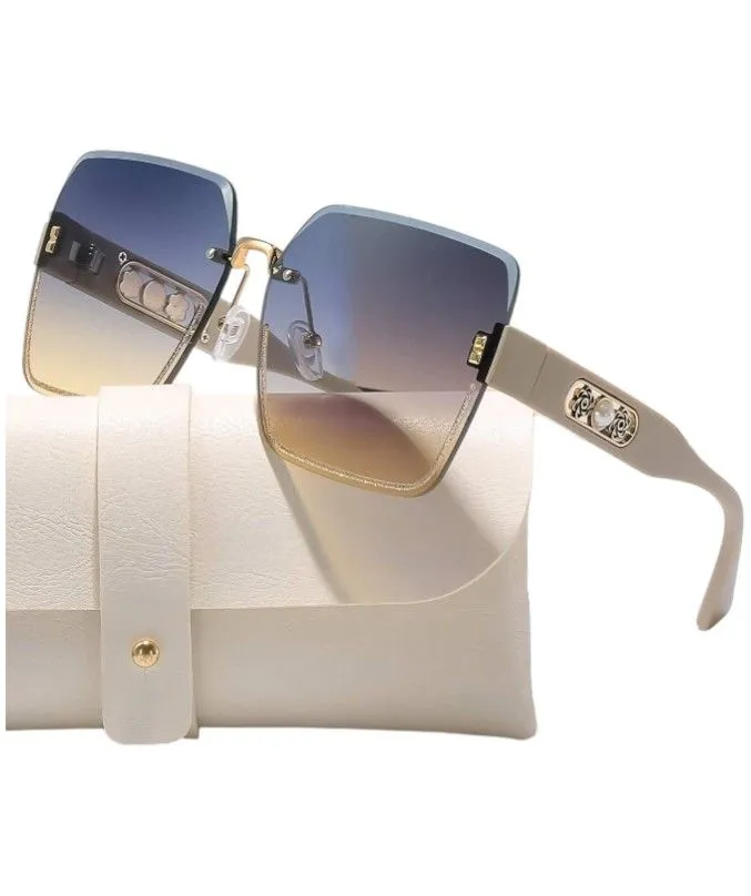 Frameless Ombre Square Sunglasses With Faux Pearl Flower Detail - Beige
