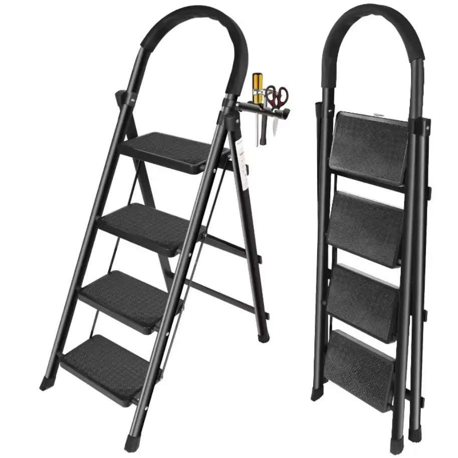 4-Step Folding Ladder With Wide Pedals Anti-Slip 300kg Capacity - Black
