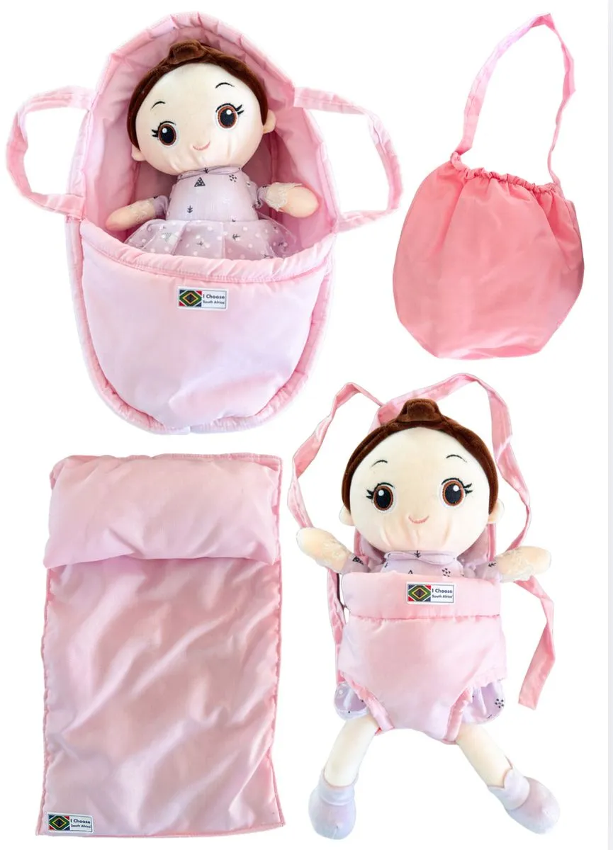 Handmade doll accessories: carrycot, baby carrier, blanket, pillow and bag