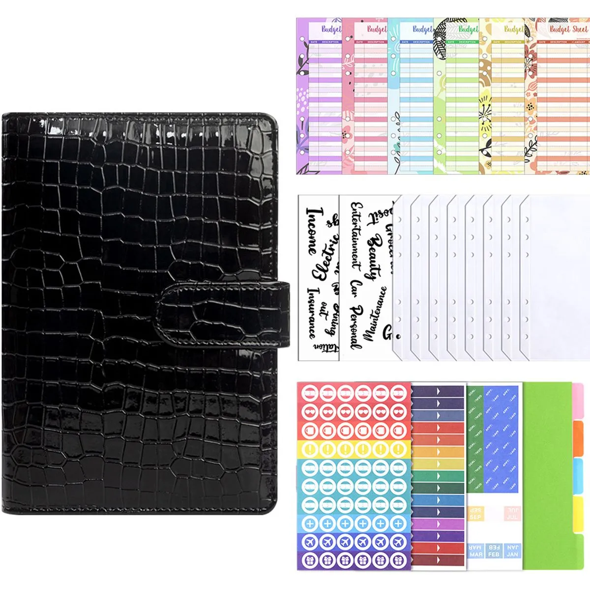 Ring Binder Set -Leather Notebook Budget Binder with Clear Cash Envelopes - Black