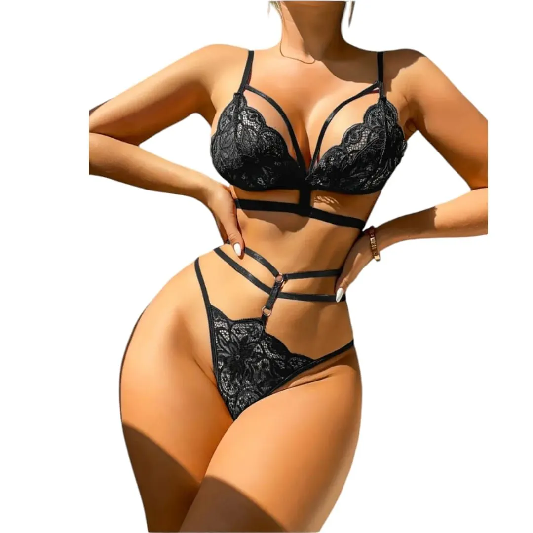 Floral Lace Bra & Panty Lingerie Set Black
