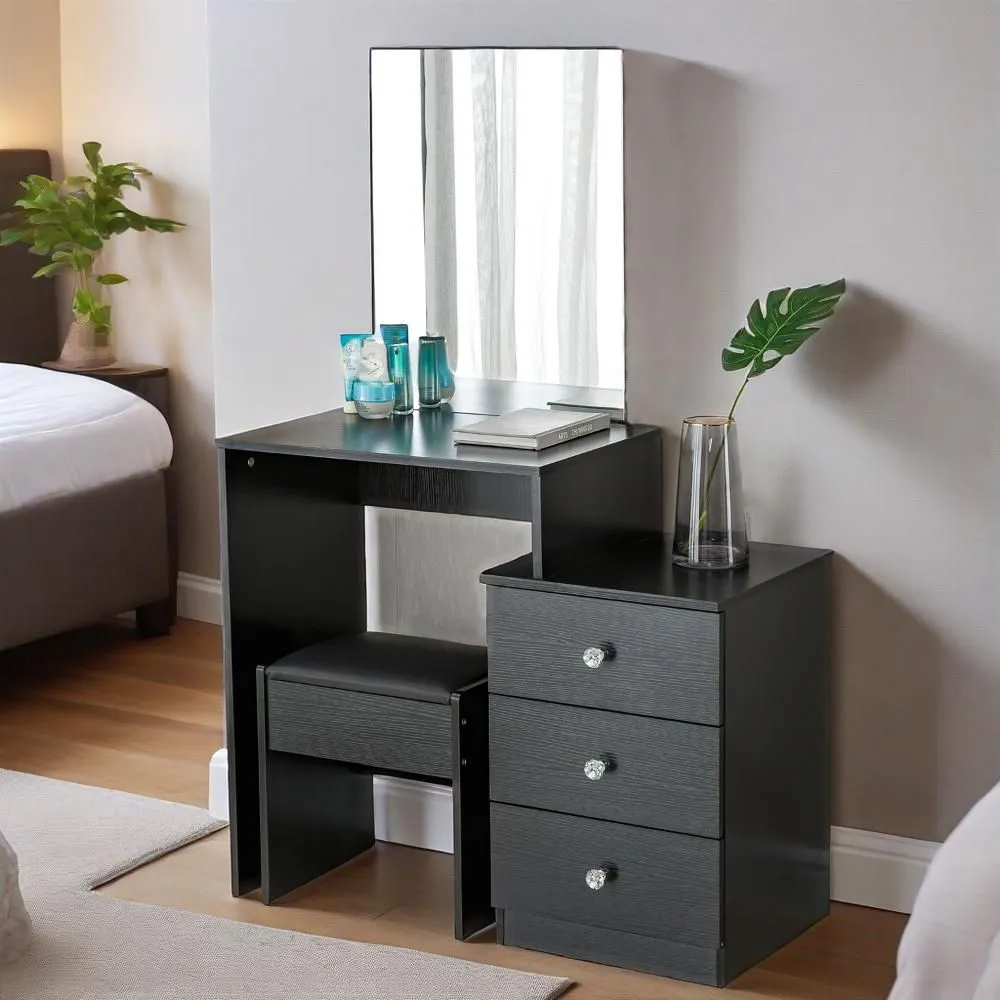 Dressing Table Stool Set Makeup Vanity Desk with Mirror Dresser Drawers - Black