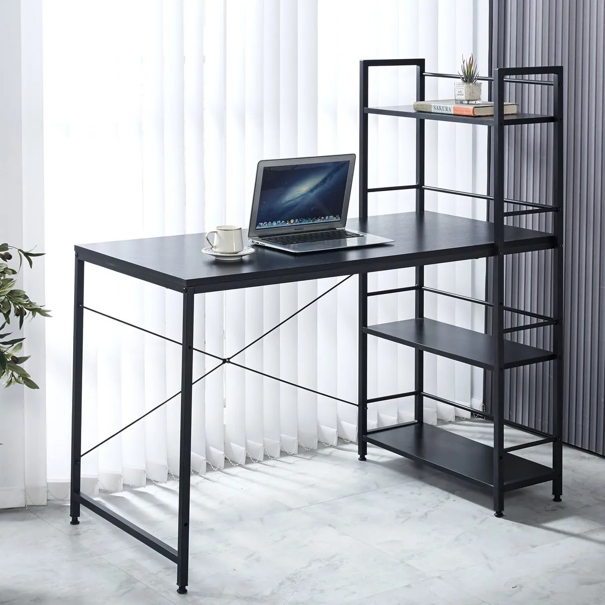 Computer Table with 4 Tier Shelves Study Corner Desk Gaming Writing Table - Black