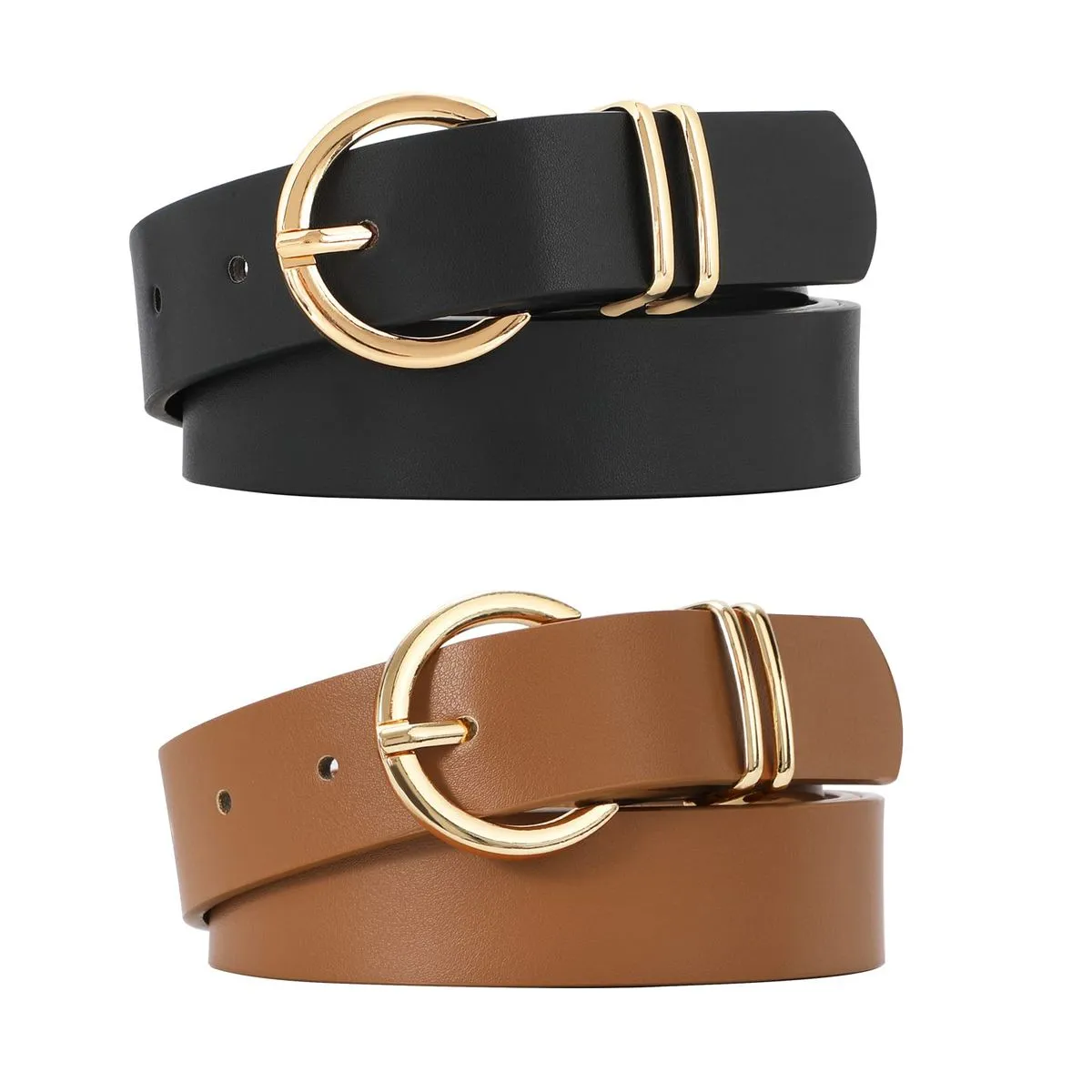 2 Pack Women's Leather Belts for Jeans Dresses Fashion Gold Buckle Belt