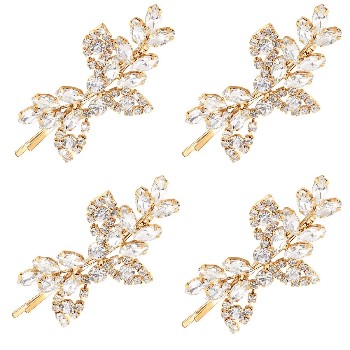 4-Pack Rhinestone Leaf Hair Clips | Wedding Bridal Accessories - Gold
