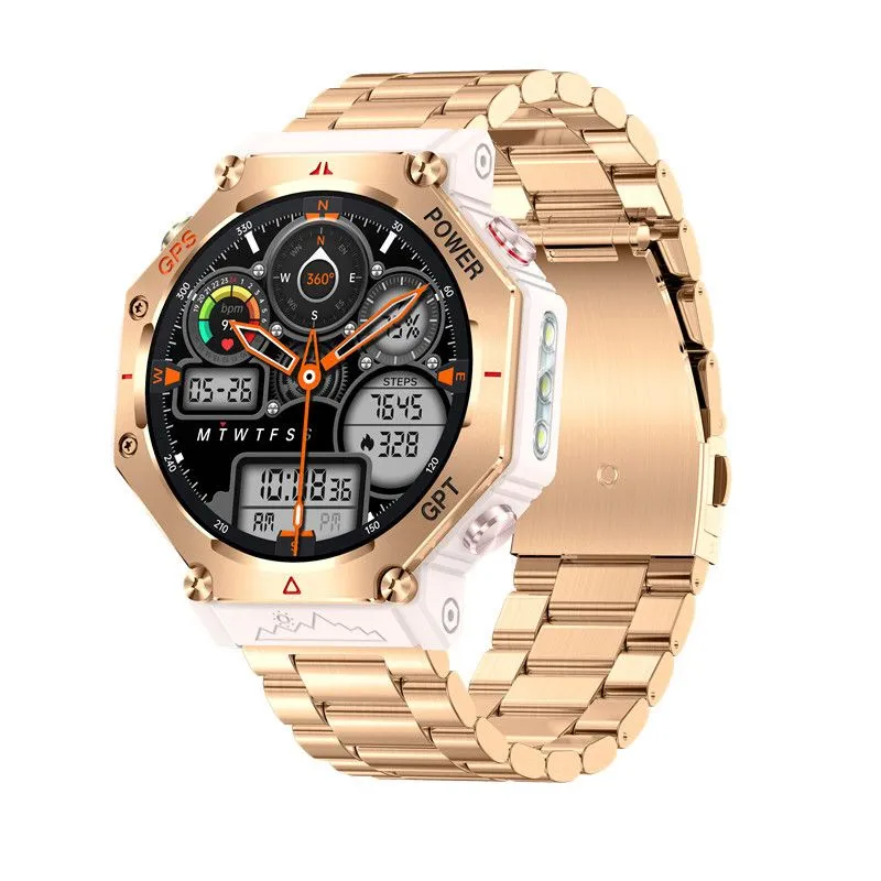 Gold Steel KC91 GPS AI GPT Flashlight 3ATM Watch