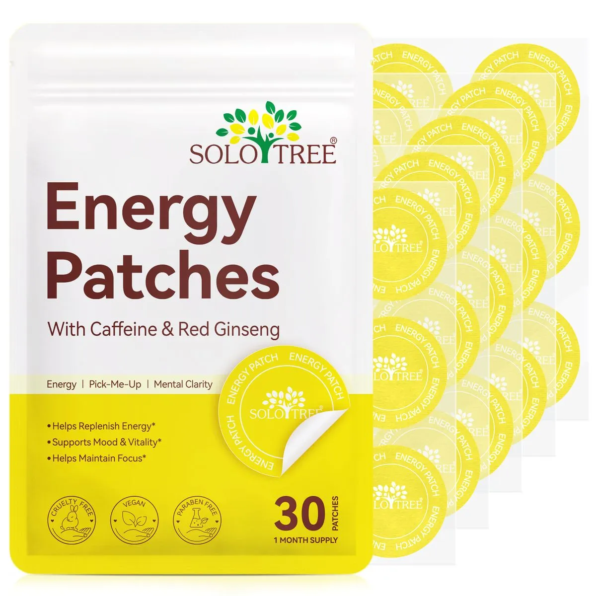 SoloTree Energy Patches 30 Pack with Caffeine and Red Ginseng
