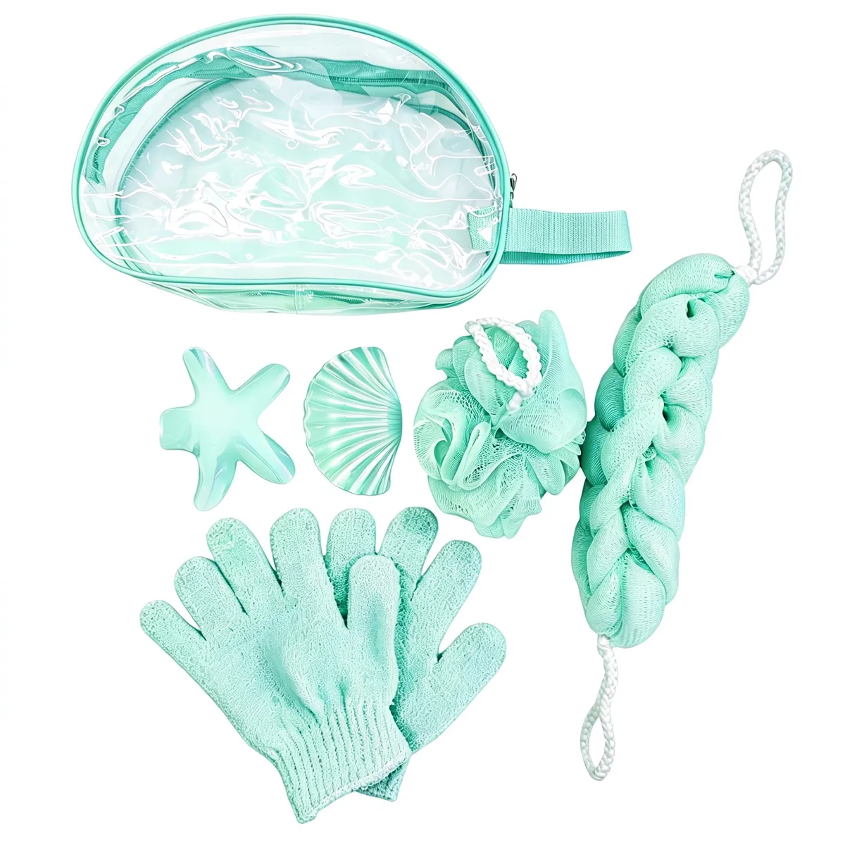 6 Piece Bath & Beauty Travel Set with Cosmetic Bag & Hair Clips - Green