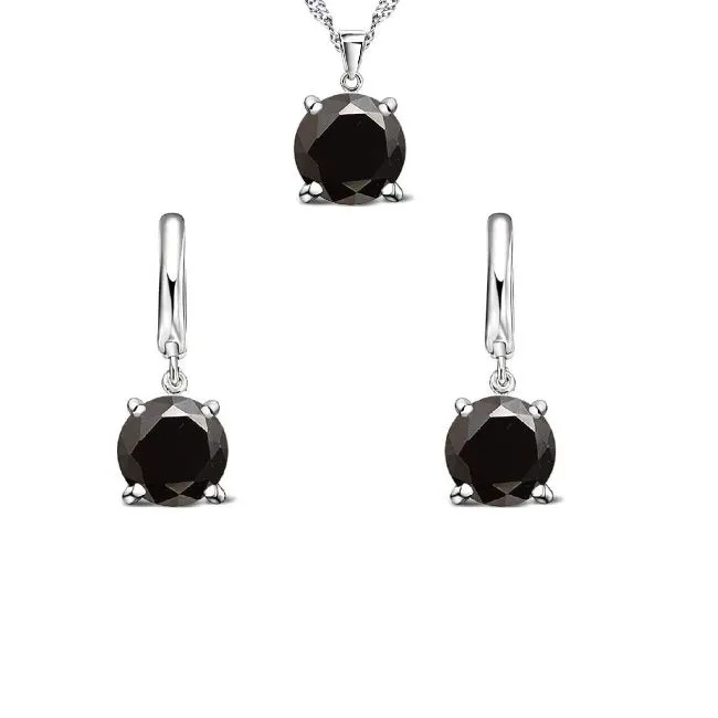 Women 925 Sterling Silver Round Jewellery Set - Black