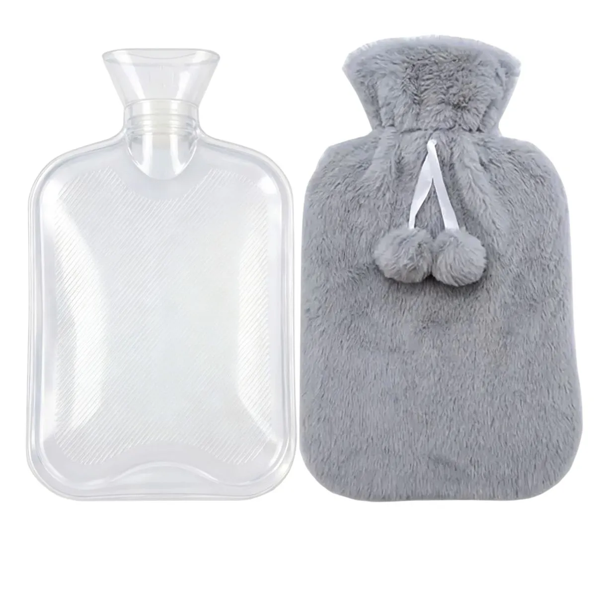 YZC-88-Plush Faux Fur Plus Silicone Transparent Hot Water Bottle - Grey