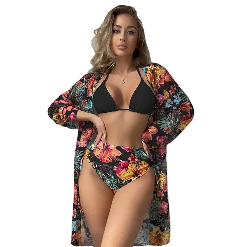 Women's 3-Piece Floral Bikini Set High-Waisted Sexy Swimwear with Cover-Up