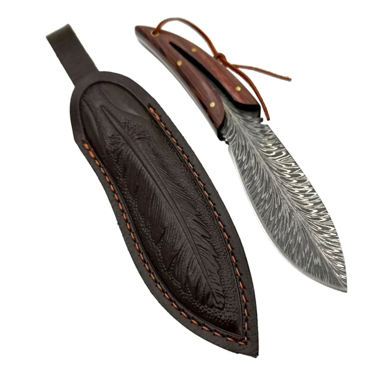 Feather Design Wooden Handle Hunting & Outdoor Knife & Sheath