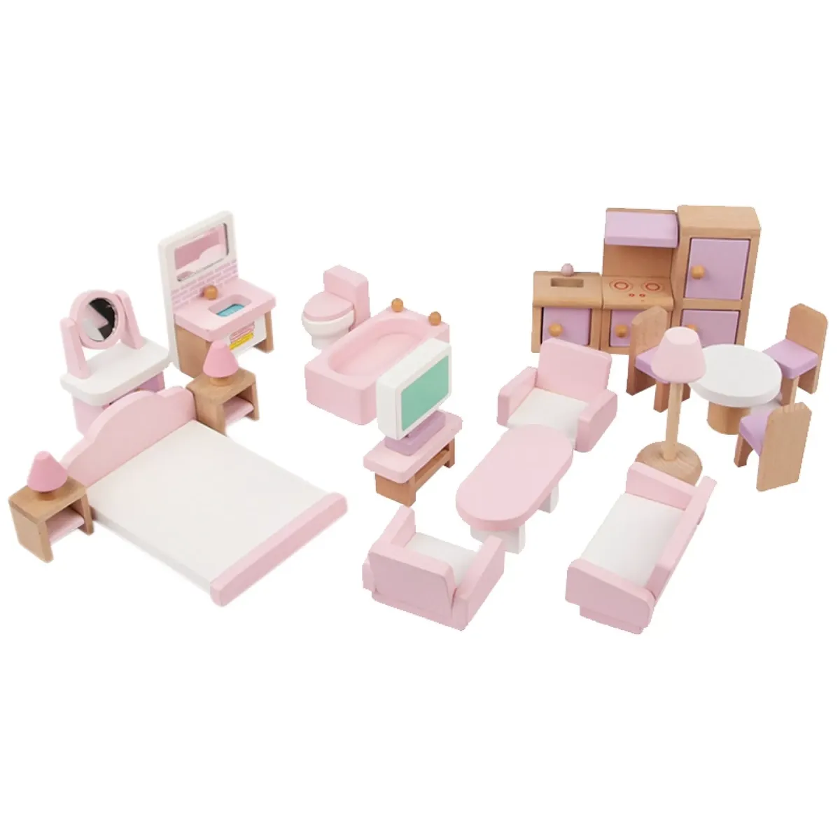 Pack Of 22 Pieces Wooden Dollhouse Furniture Toy Set - Pink