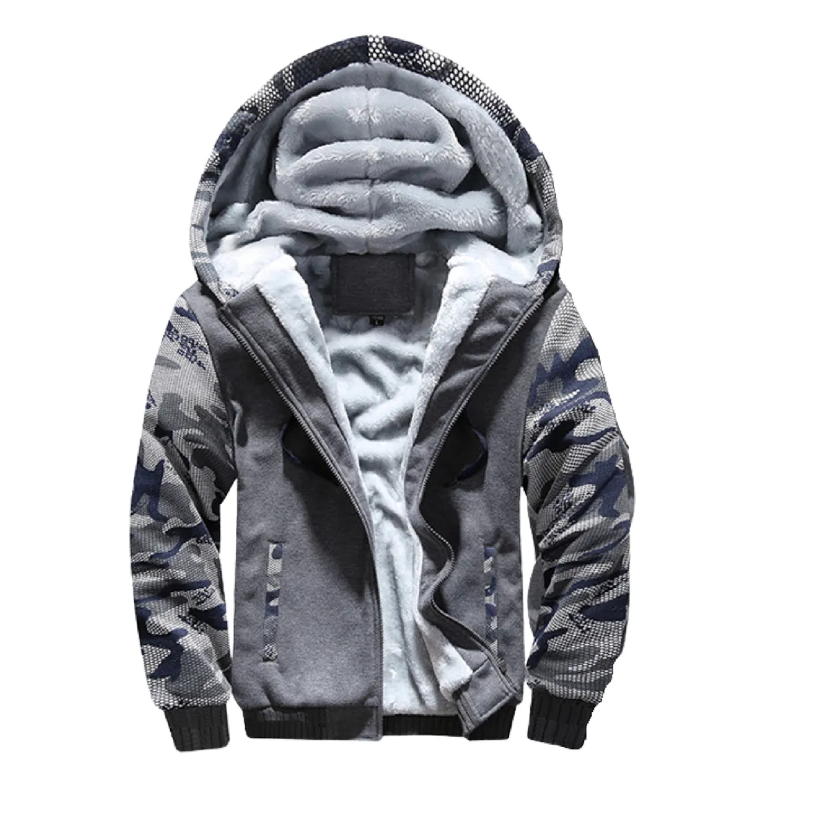 Men's Hooded Winter Jacket - Camouflage Sleeves - Dark Grey
