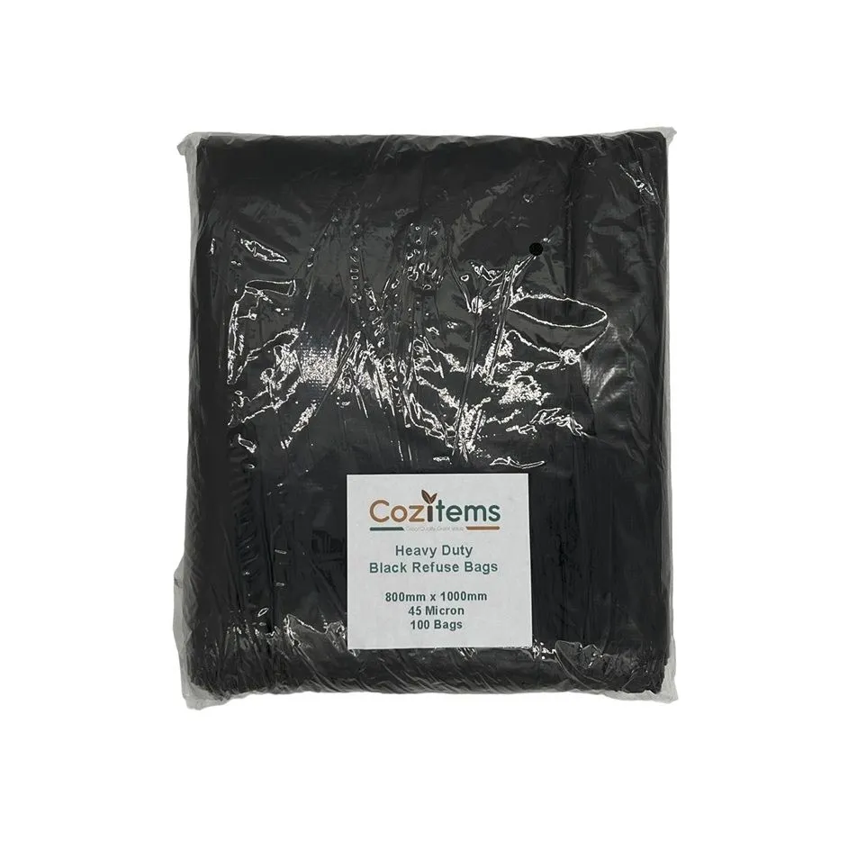 Cozitems - Heavy-Duty Black Refuse Bags - 800 x 1000mm - 45 Microns - Pack of 50 or 100