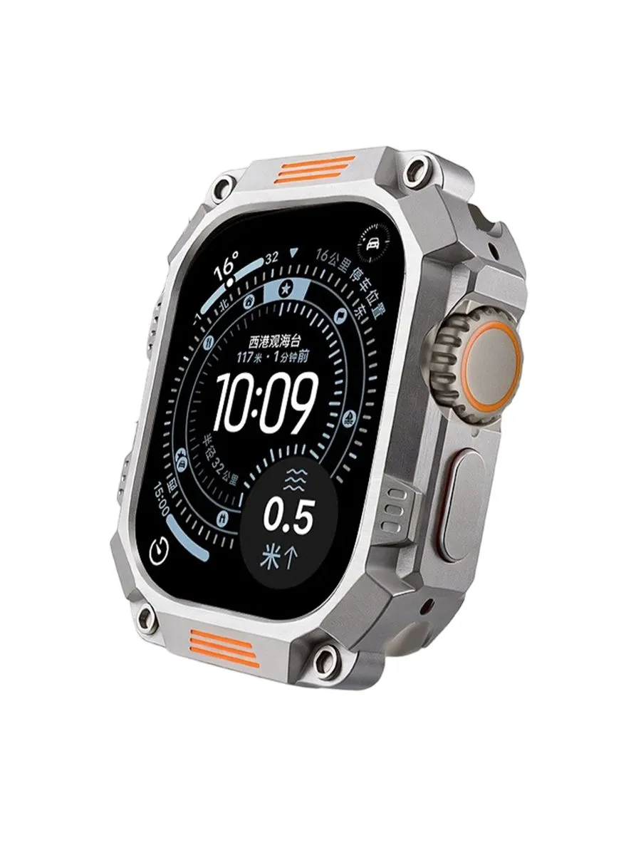Metal Case for Apple Watch Ultra 1-3 49mm - 2-in-1 Rugged Protective Cover - Grey orange 