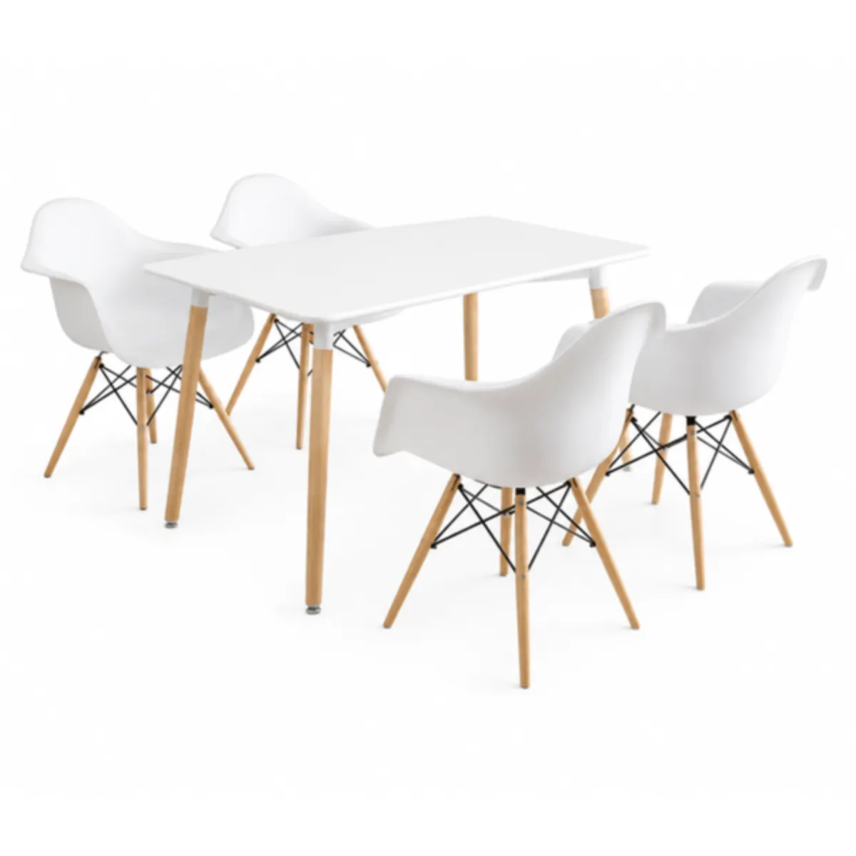 Scandinavian Dining Table Set with 4 White Armchairs