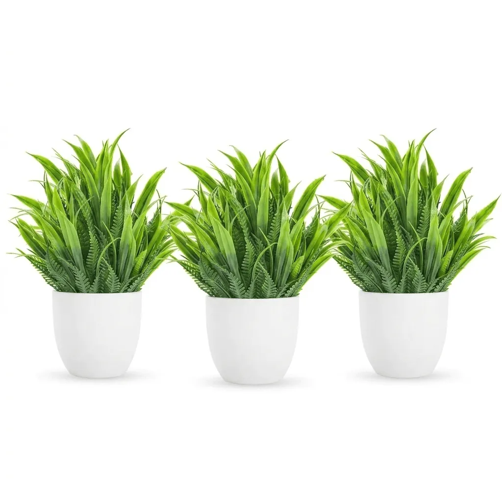 3 Piece Plastic Artificial Green Plants Set - White And Green