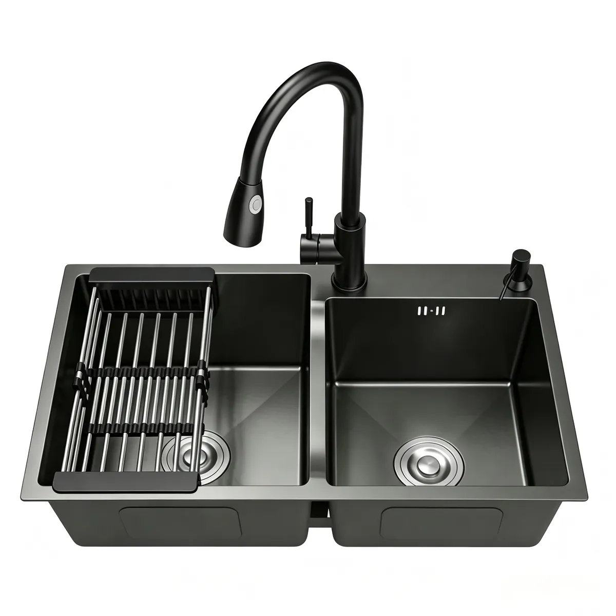 Stainless Steel Double Bowls Kitchen Sink with Drain Basket and Downpipe