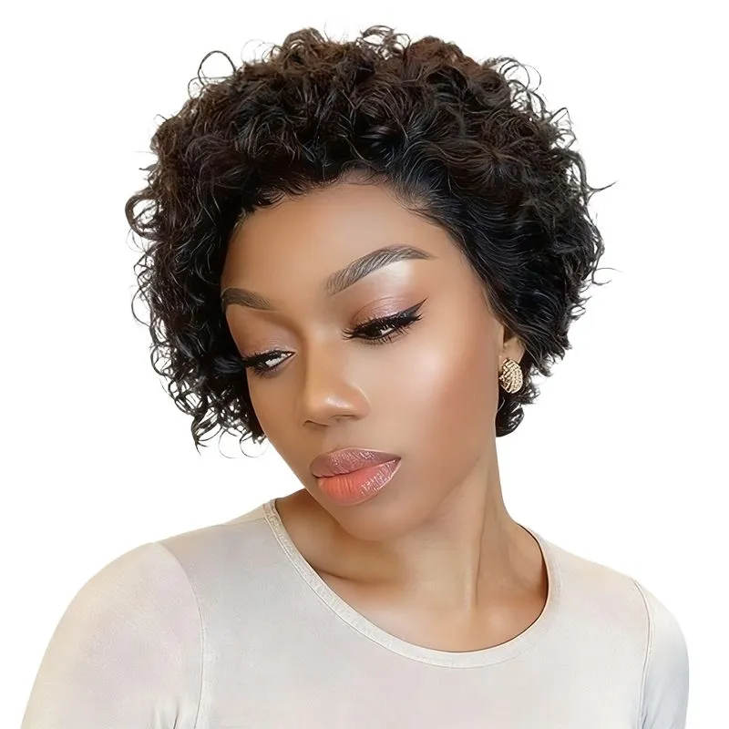 Black In Brazilian Hair Curly Pixie Frontal Wig13x1 Full Lace Front Wig