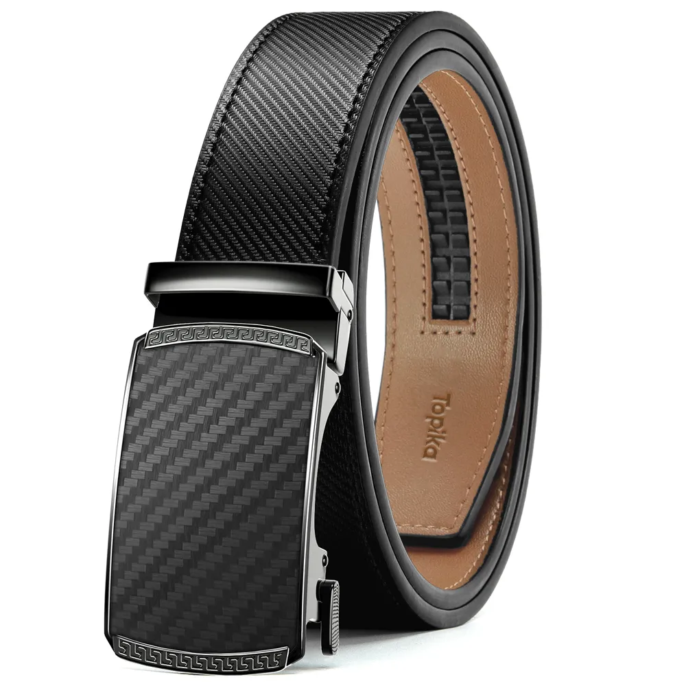 Topika Men Belts No-Holes Carbon Fibre Leather Ratchet Belt Brown Interior