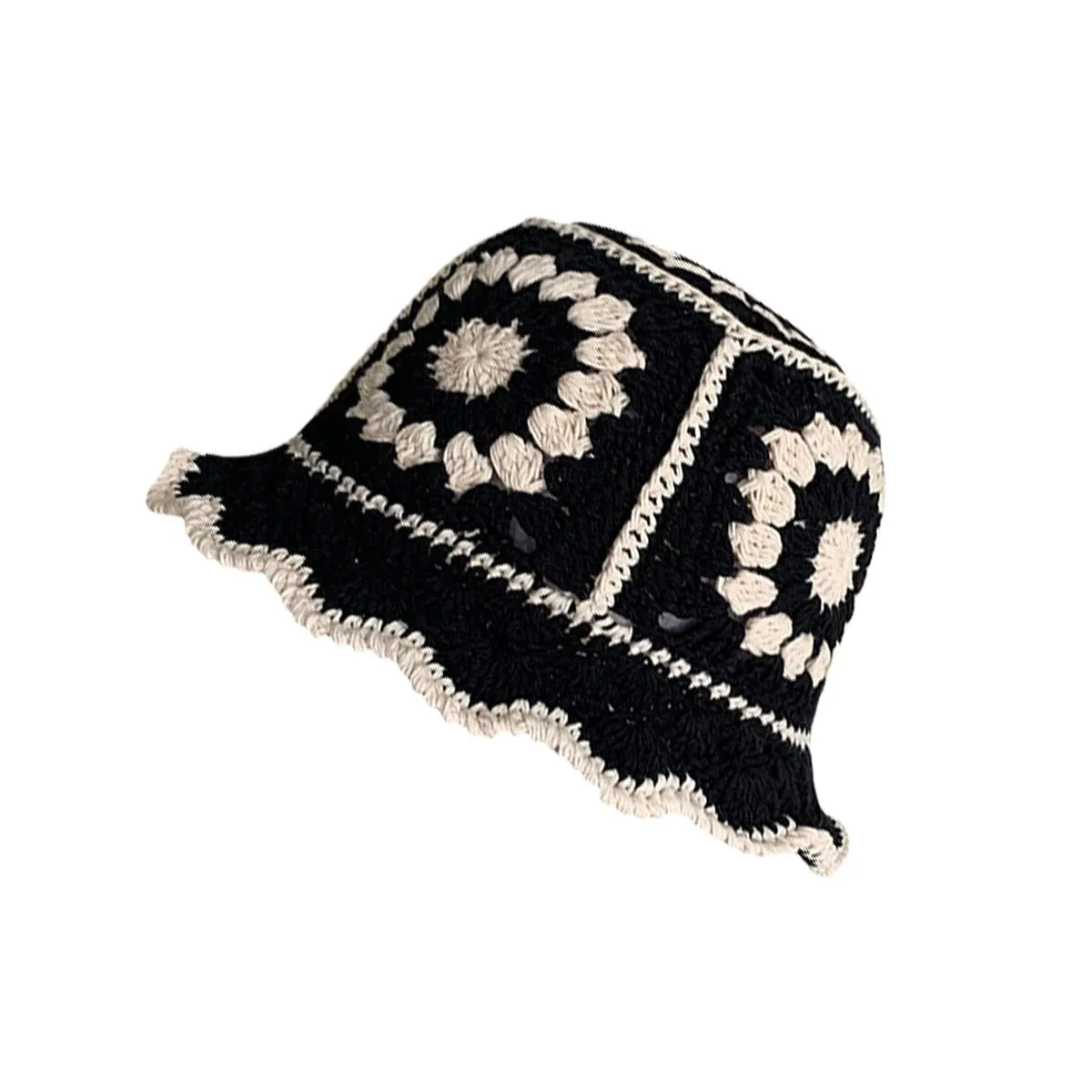 Handmade Crochet Bucket Hat Foldable Soft Beach Sun Hat For Women - Black